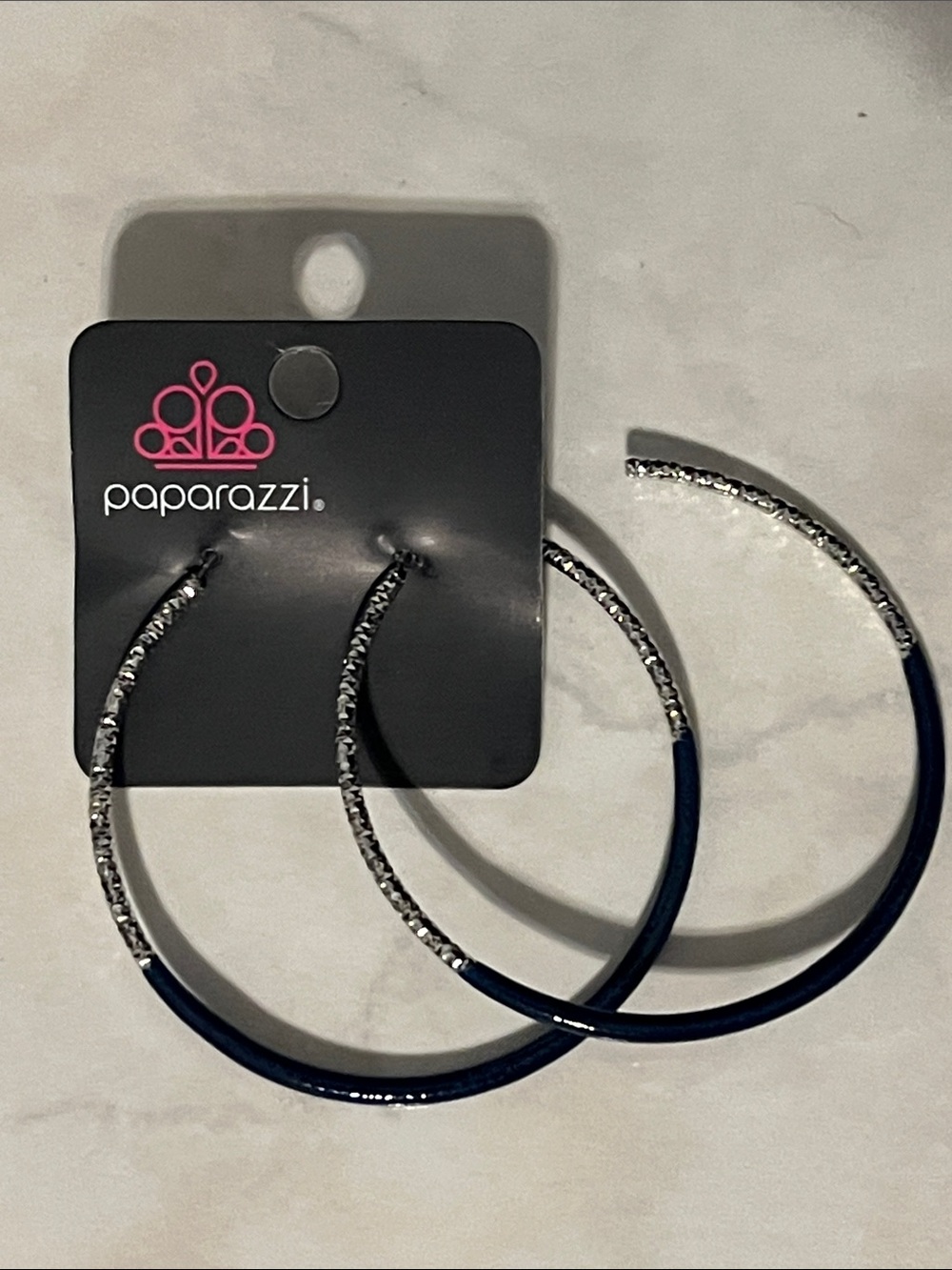 Paparazzi Navy and Silver Hoop Earrings with Textured Detail